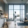 A futuristic home robot designed by Apple following a user around a modern home interior. The robot has a sleek minimalist design typical of Apple p